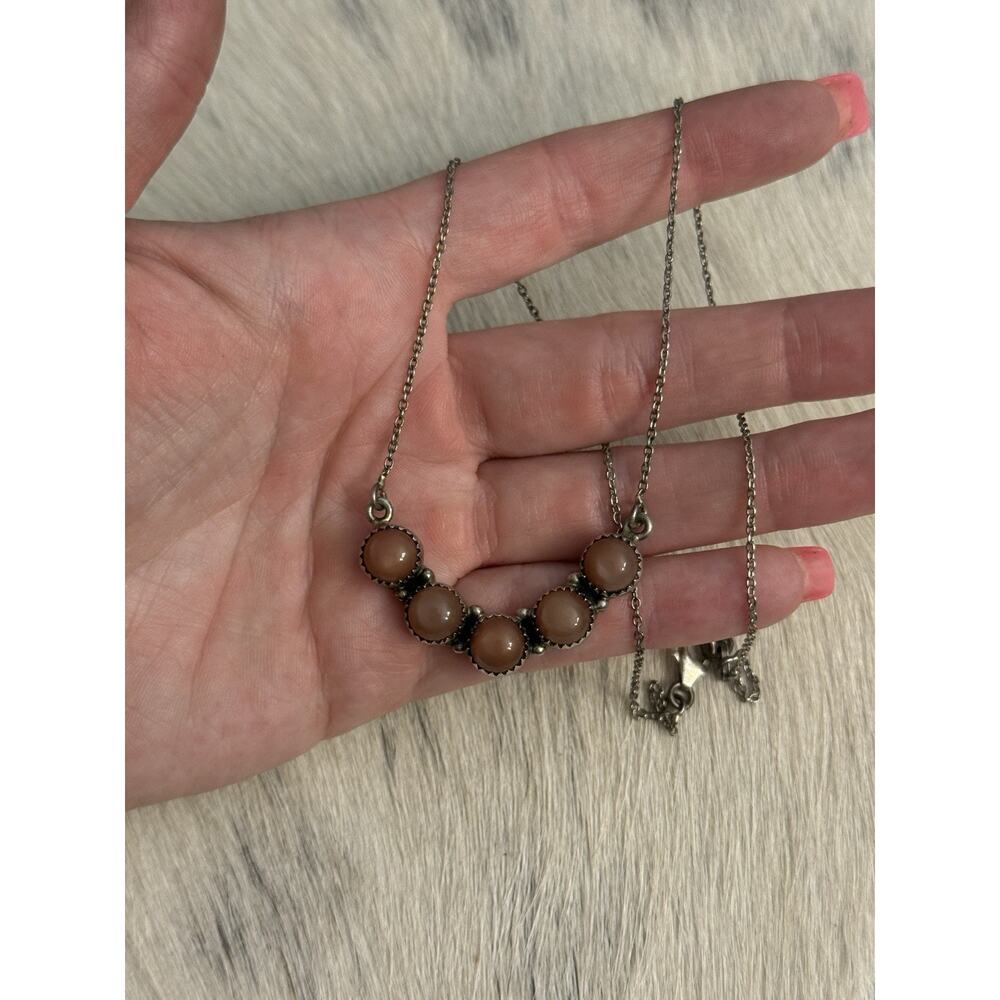 Sterling Silver Chocolate Moonstone Round Multistone V Bar Necklace 18.5-19.5”
